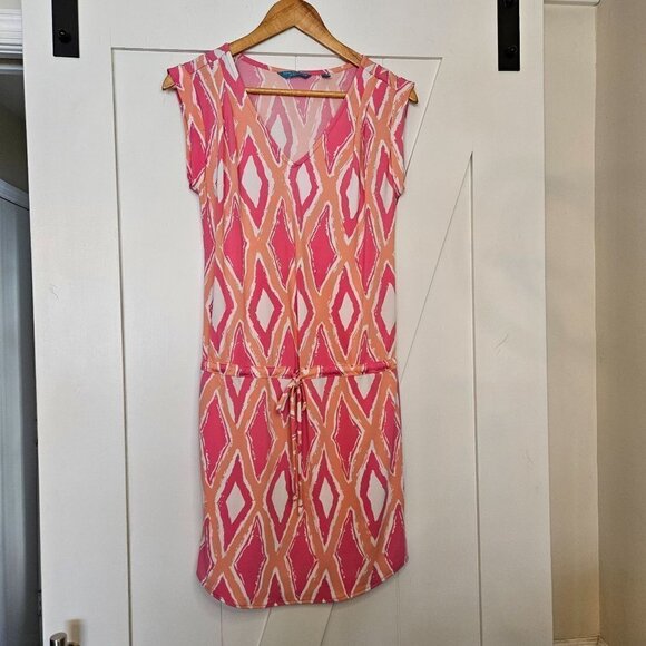 Tori Richard Honolulu Pink Orange Drawstring Waist Diamond Print Dress Size XS - Picture 1 of 12